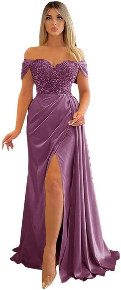 Off Shoulder Beaded Satin Bridesmaid Dresses for Women 2027 Mermaid Prom Dress with Slit