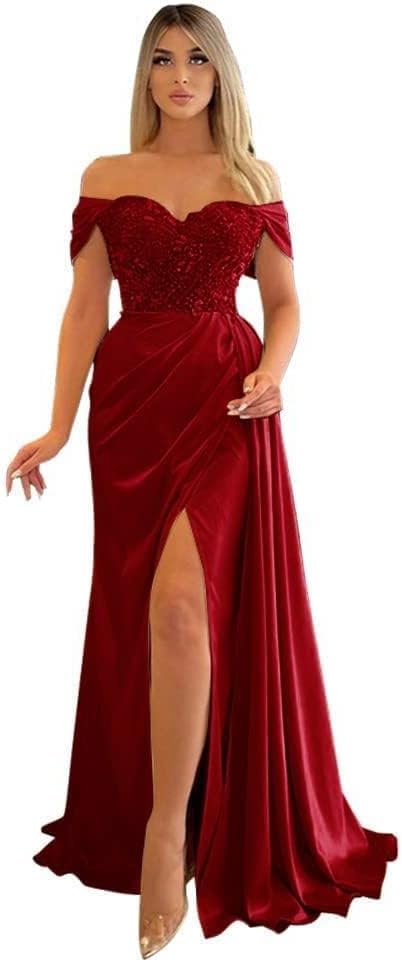 Off Shoulder Beaded Satin Bridesmaid Dresses for Women 2027 Mermaid Prom Dress with Slit
