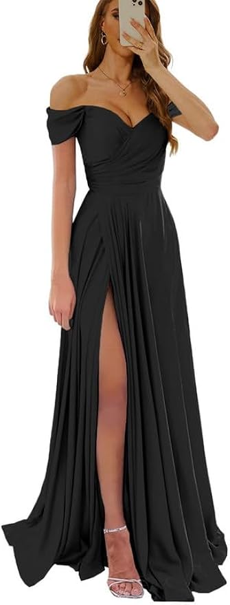 Damen Schulterfreies Ballkleid aus Satin, lang, für formelle Hochzeiten, Gäste, Partykleider mit Schlitz 