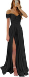 Womens Off Shoulder Prom Evening Dresses Satin Long Formal Wedding Guest Gowns Dress with Slit