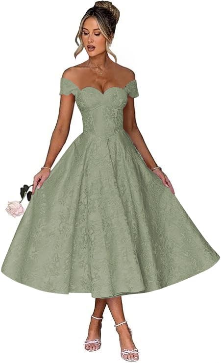Off Shoulder Tea Length Prom Dress for Women Satin Floral Jacquard A Line Corset Cocktail Dress
