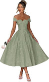 Off Shoulder Tea Length Prom Dress for Women Satin Floral Jacquard A Line Corset Cocktail Dress