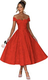 Off Shoulder Tea Length Prom Dress for Women Satin Floral Jacquard A Line Corset Cocktail Dress