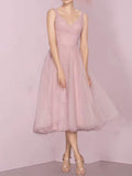 Tea Length A-Line V Neck Formal Evening Party Gowns for Women Sleeveless Puffy Midi Tulle Cocktail Prom Dress