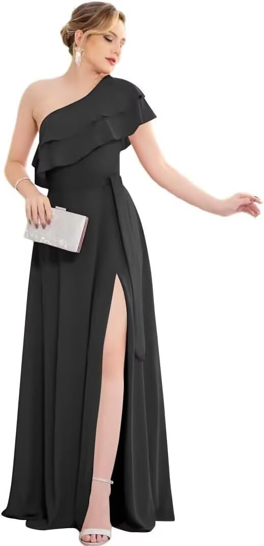 One Shoulder Chiffon Bridesmaid Dresses for Women Long Pleated A-line Formal Evening Wedding Party Dress with Slit