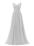 Women's Lace Chiffon Bridesmaid Dresses for Wedding Long Spaghetti Straps Bodice Formal Party Gown with Pockets