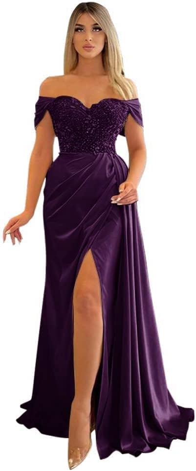 Off Shoulder Beaded Satin Bridesmaid Dresses for Women 2027 Mermaid Prom Dress with Slit