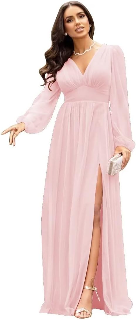Langärmlige Brautjungfernkleider für Hochzeiten, V-Ausschnitt, formelles Kleid mit Schlitz, Chiffon-Ballkleid