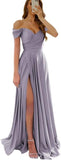 Womens Off Shoulder Prom Evening Dresses Satin Long Formal Wedding Guest Gowns Dress with Slit