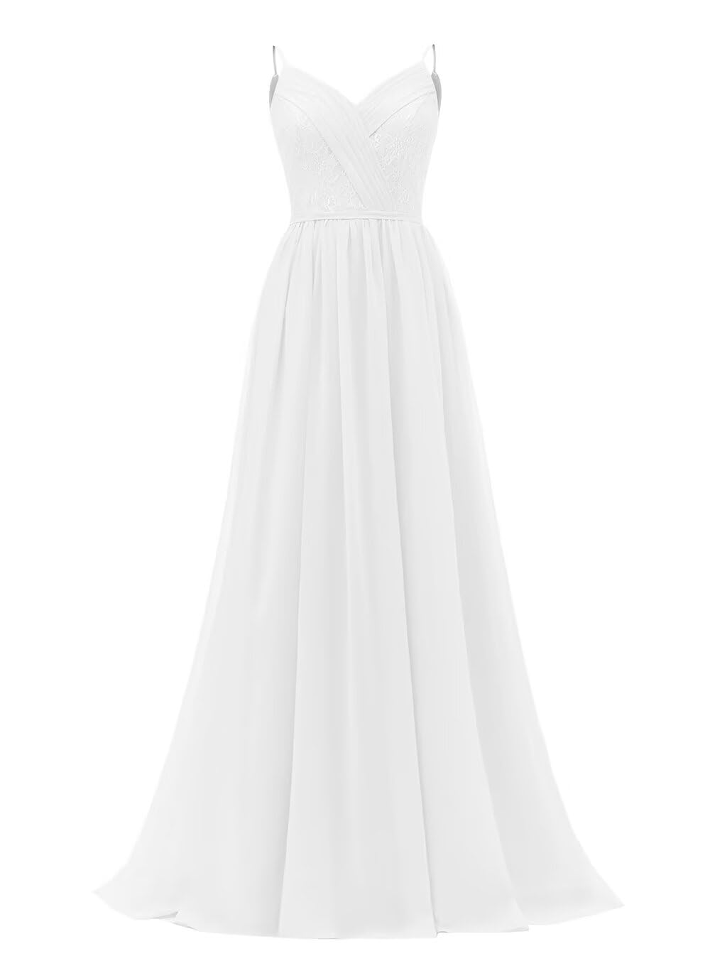 Women's Lace Chiffon Bridesmaid Dresses for Wedding Long Spaghetti Straps Bodice Formal Party Gown with Pockets