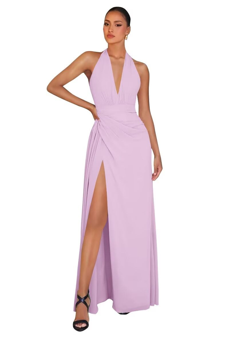 Chiffon Bridesmaid Dresses for Women Long Halter A-line Formal Dress with Slit 2026 Pleated Evening Party Gowns