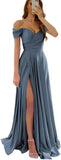 Womens Off Shoulder Prom Evening Dresses Satin Long Formal Wedding Guest Gowns Dress with Slit