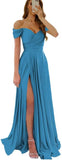 Womens Off Shoulder Prom Evening Dresses Satin Long Formal Wedding Guest Gowns Dress with Slit