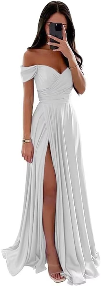 Women's Off Shoulder Satin Bridesmaid Dresses Long Ruched Mermaid Formal Dresses with Slit