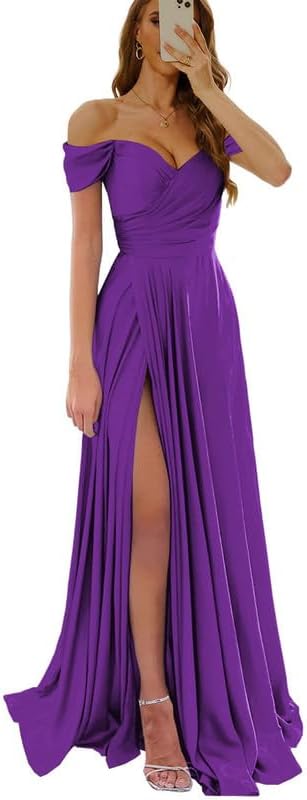 Damen Schulterfreies Ballkleid aus Satin, lang, für formelle Hochzeiten, Gäste, Partykleider mit Schlitz 