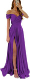Womens Off Shoulder Prom Evening Dresses Satin Long Formal Wedding Guest Gowns Dress with Slit
