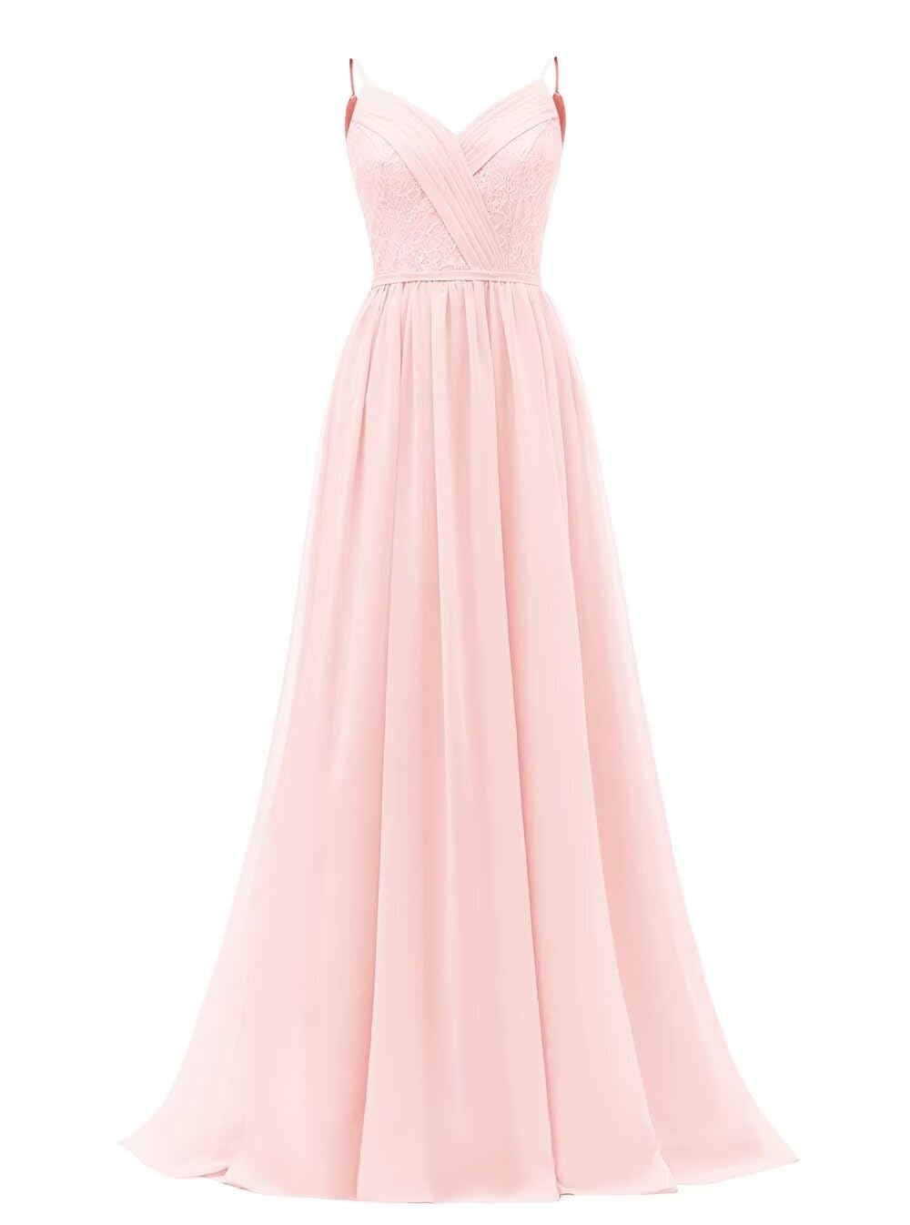 Women's Lace Chiffon Bridesmaid Dresses for Wedding Long Spaghetti Straps Bodice Formal Party Gown with Pockets