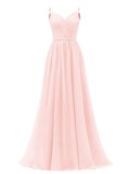 Women's Lace Chiffon Bridesmaid Dresses for Wedding Long Spaghetti Straps Bodice Formal Party Gown with Pockets