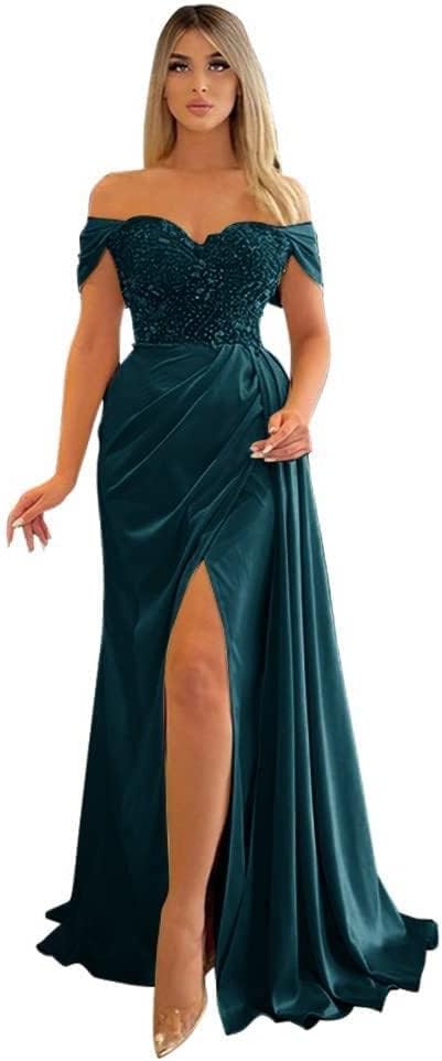 Off Shoulder Beaded Satin Bridesmaid Dresses for Women 2027 Mermaid Prom Dress with Slit