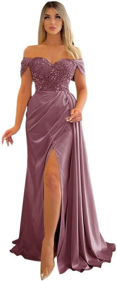 Off Shoulder Beaded Satin Bridesmaid Dresses for Women 2027 Mermaid Prom Dress with Slit