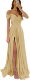 Womens Off Shoulder Prom Evening Dresses Satin Long Formal Wedding Guest Gowns Dress with Slit
