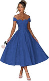 Off Shoulder Tea Length Prom Dress for Women Satin Floral Jacquard A Line Corset Cocktail Dress