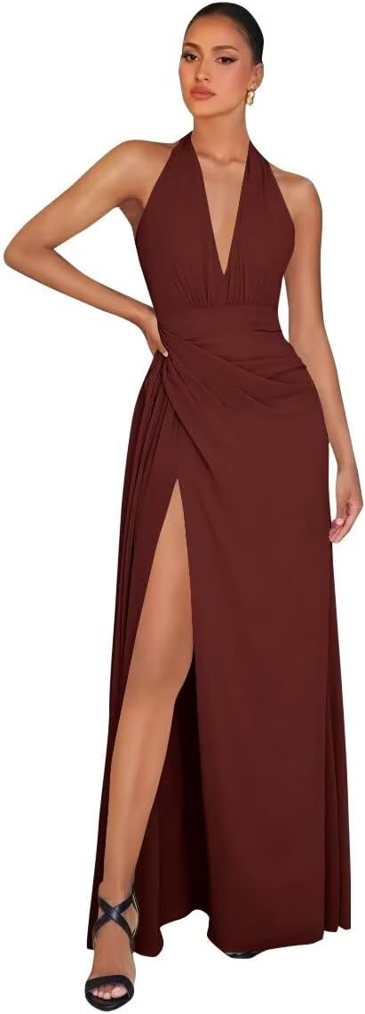 Chiffon Bridesmaid Dresses for Women Long Halter A-line Formal Dress with Slit 2026 Pleated Evening Party Gowns