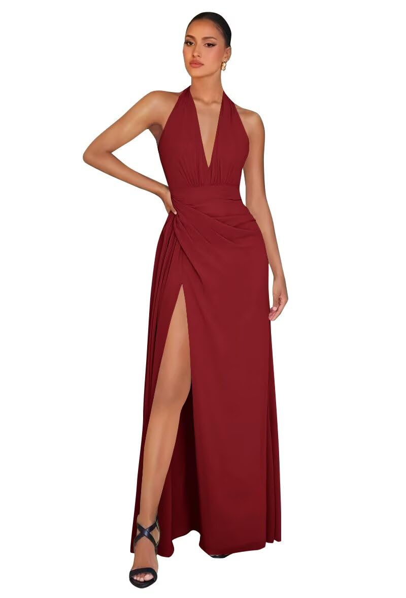 Chiffon Bridesmaid Dresses for Women Long Halter A-line Formal Dress with Slit 2026 Pleated Evening Party Gowns