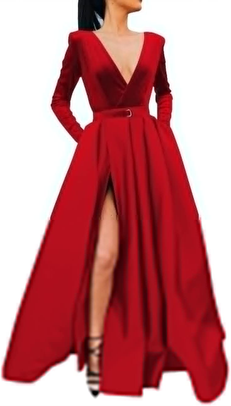 Vestido de fiesta de satén con lentejuelas brillantes para mujer, con bolsillos, manga larga y abertura. 