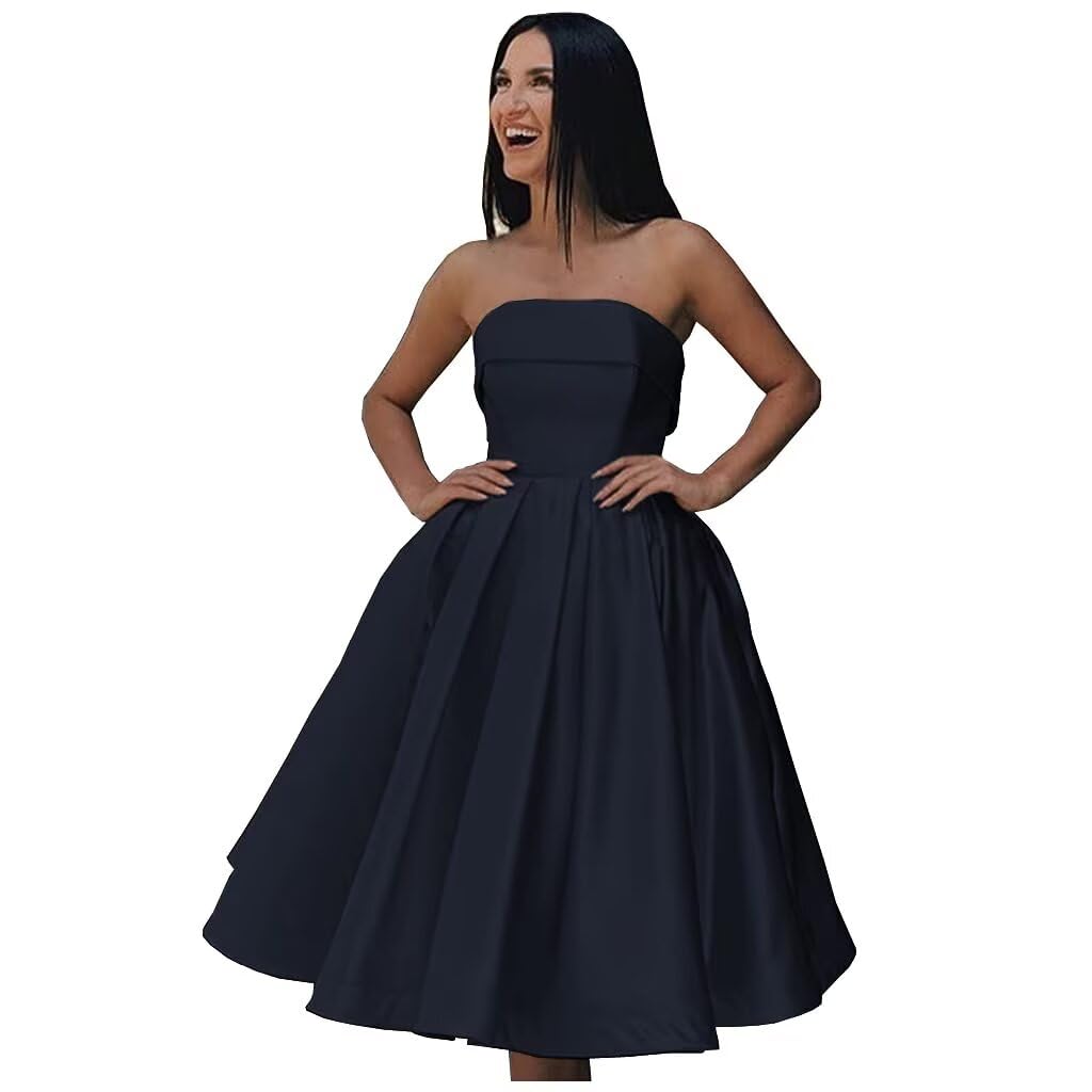 Tea Length Satin Cocktail Party Dresses for Women, Strapless Formal Evening Prom Gown Homecoming Graduation Dresses