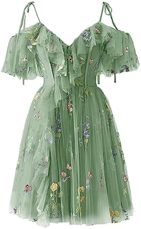 Vestidos de fiesta cortos de tul con bordado floral para mujer, vestidos formales para adolescentes 