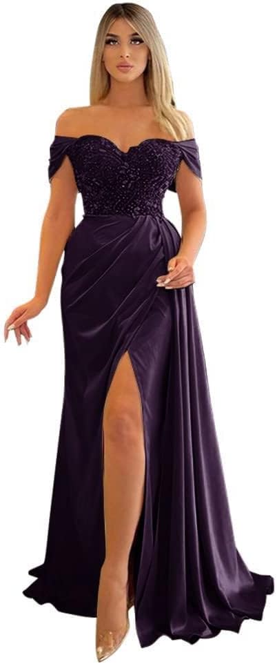 Off Shoulder Beaded Satin Bridesmaid Dresses for Women 2027 Mermaid Prom Dress with Slit