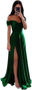 Women's Off Shoulder Satin Bridesmaid Dresses Long Ruched Mermaid Formal Dresses with Slit