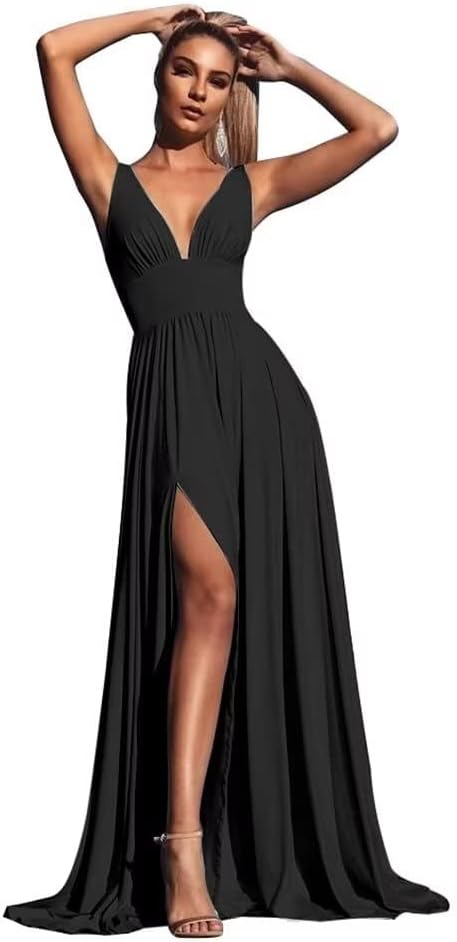 V-Ausschnitt Satin Brautjungfernkleider für Hochzeiten Geteilte Ballkleider Lange A-Linie Abendkleider für Damen 