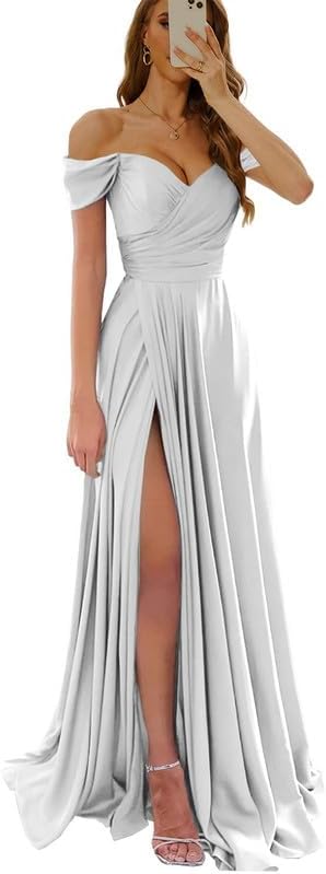 Womens Off Shoulder Prom Evening Dresses Satin Long Formal Wedding Guest Gowns Dress with Slit
