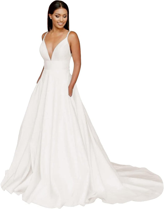 V Neck Satin Wedding Dresses for Bride A Line Beach Boho Backless Lace Bridal Gowns