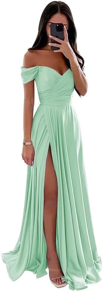 Women's Off Shoulder Satin Bridesmaid Dresses Long Ruched Mermaid Formal Dresses with Slit