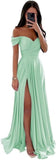Women's Off Shoulder Satin Bridesmaid Dresses Long Ruched Mermaid Formal Dresses with Slit