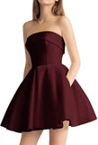 Women's Strapless Satin Short Prom Dresses with Pocket A Line Glitter Homecoming Dress Short Evening Party Ball Gown