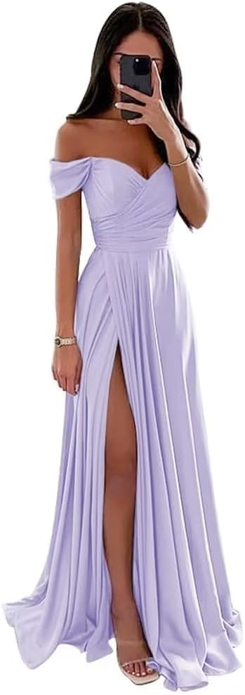 Women's Off Shoulder Satin Bridesmaid Dresses Long Ruched Mermaid Formal Dresses with Slit