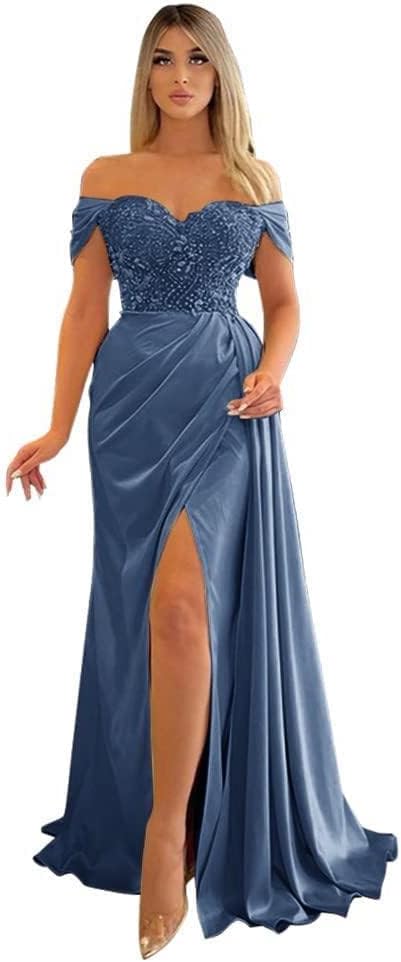 Off Shoulder Beaded Satin Bridesmaid Dresses for Women 2027 Mermaid Prom Dress with Slit
