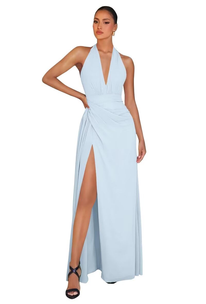Chiffon Bridesmaid Dresses for Women Long Halter A-line Formal Dress with Slit 2026 Pleated Evening Party Gowns