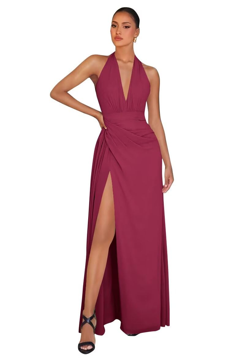 Chiffon Bridesmaid Dresses for Women Long Halter A-line Formal Dress with Slit 2026 Pleated Evening Party Gowns