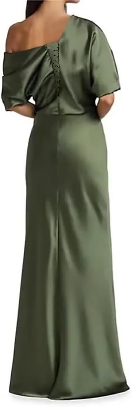 Satin Mother of The Bride Dresses for Wedding One Shoulder Formal Dress with Sleeves Mermaid Evening Party Gowns