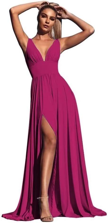 V-Ausschnitt Satin Brautjungfernkleider für Hochzeiten Geteilte Ballkleider Lange A-Linie Abendkleider für Damen 