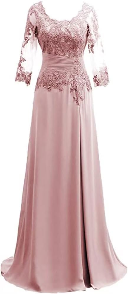 Women's Lace Appliqued Mother of The Bride Dresses 3/4 Sleeves Scoop Long Formal Evening Dress