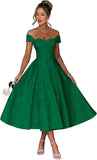 Off Shoulder Tea Length Prom Dress for Women Satin Floral Jacquard A Line Corset Cocktail Dress