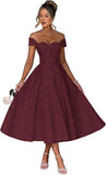 Off Shoulder Tea Length Prom Dress for Women Satin Floral Jacquard A Line Corset Cocktail Dress