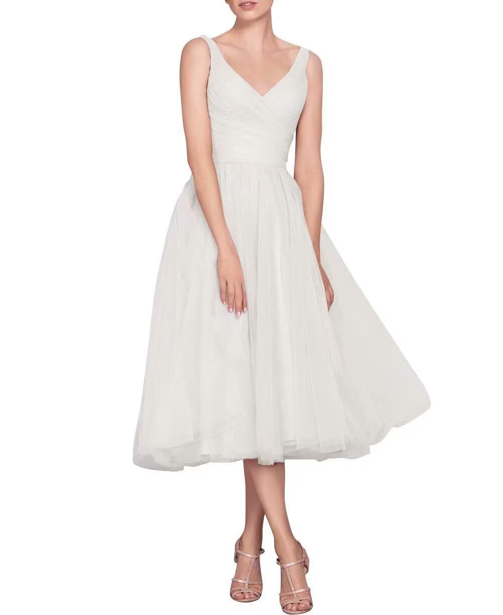 Tea Length A-Line V Neck Formal Evening Party Gowns for Women Sleeveless Puffy Midi Tulle Cocktail Prom Dress