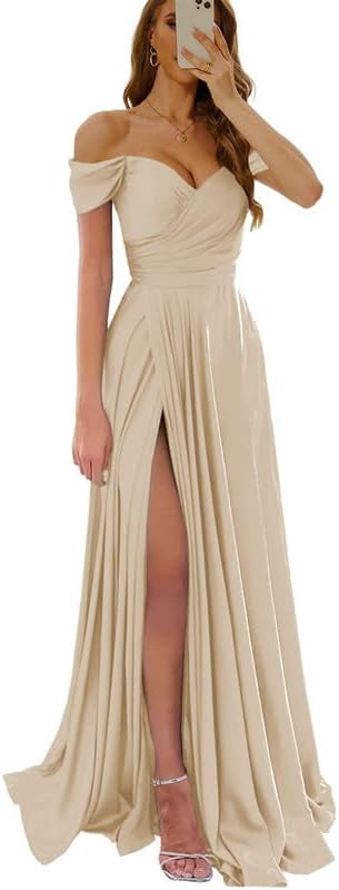 Womens Off Shoulder Prom Evening Dresses Satin Long Formal Wedding Guest Gowns Dress with Slit